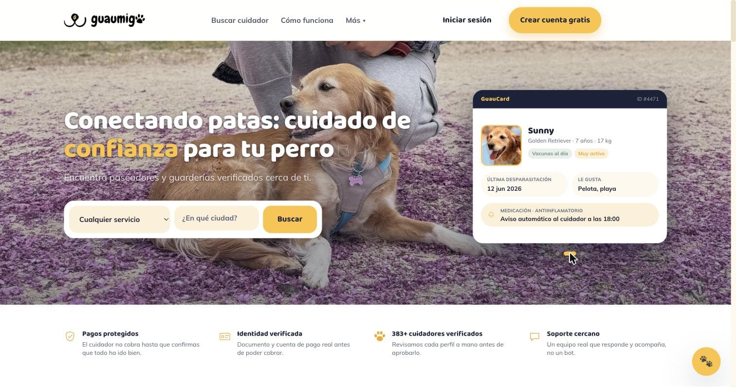 Página de inicio de Guaumigo, buscador de cuidadores