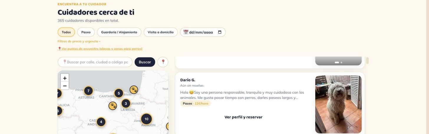 Buscador de cuidadores de Guaumigo con mapa y resultados